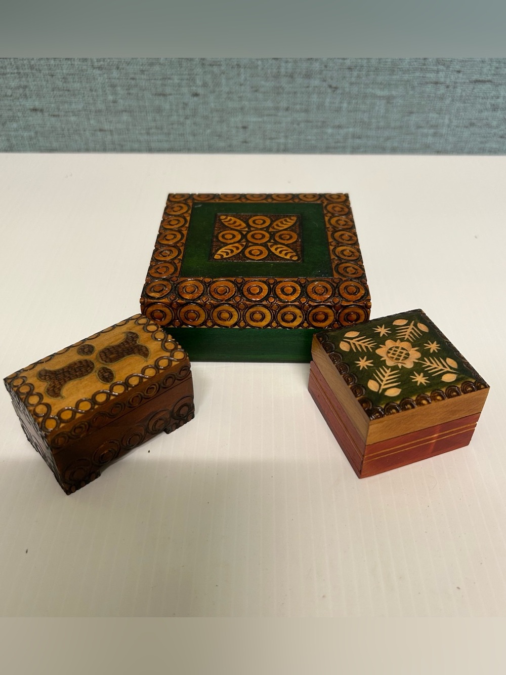 Vintage Hand-Carved Polish Wooden Boxes Set of 3 Trinket Keepsake Folk Art